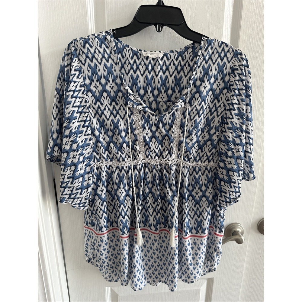 Beach Lunch Lounge Blouse Women's Large Blue Printed Cottage Boho Top Lace Tie